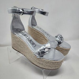 Calvin Klein Wedge Sandals Womens 8.5 Silver Thea Faux Leather Heels Shoes